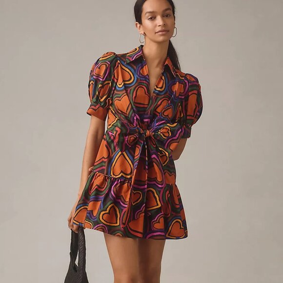 Anthropologie FARM Rio puff sleeve bow front colorful Heart Print Mini Dress M - Picture 2 of 8